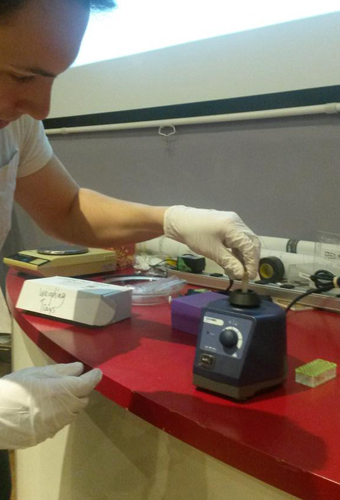 A participant uses instrumentation as part of the DNA fingerprinting workshop.