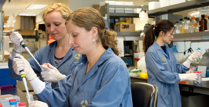 TEchnicians work in a stem cell research lab.